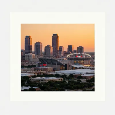 Panoramic view of Arlington, Texas skyline with AT&T Stadium and Globe Life Field at sunset