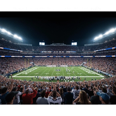 Panoramic view of AT&T Stadium during a college football game with a large crowd