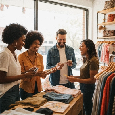 Diverse group of friends shopping together in a vibrant, local Arlington boutique, laughing and holding unique items, natural light