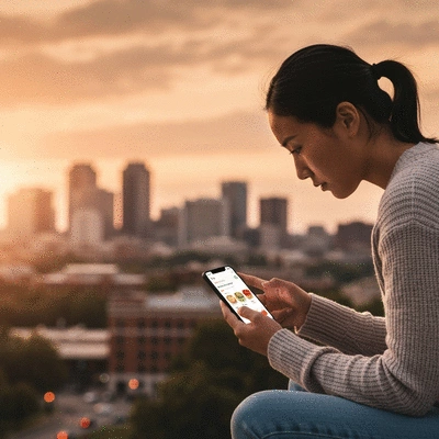 Person using a food delivery app on a smartphone, with a blurred background of Arlington cityscape at dusk