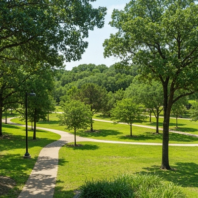 Scenic view of a lush park in Arlington, Texas with walking trails