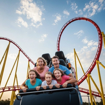 Thrilling roller coaster at Six Flags Over Texas with a family looking excited