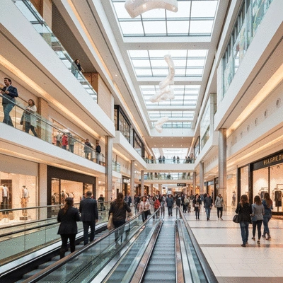 People shopping inside a brightly lit mall in Arlington, Texas with stores and escalators