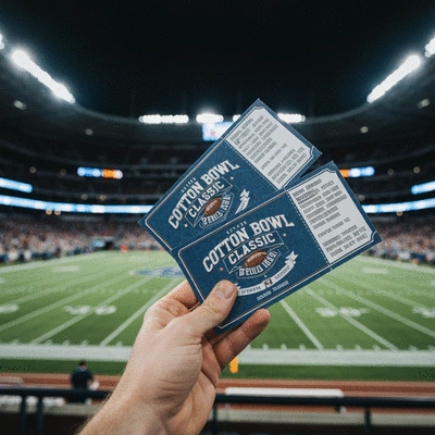 A pair of stylized college football game tickets for the Cotton Bowl Classic