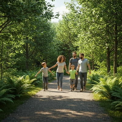 Family hiking on a trail in River Legacy Parks, lush greenery, natural sunlight, happy family, no text, no words, no typography, clean image