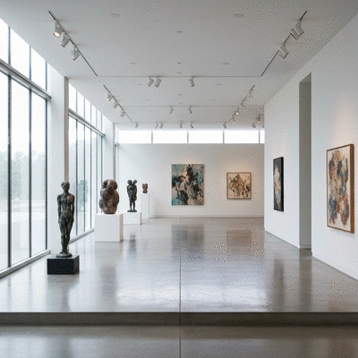 Interior of a modern art gallery with abstract sculptures and paintings, natural light, clean image