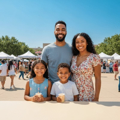 Happy family enjoying a lively outdoor festival in Arlington, Texas