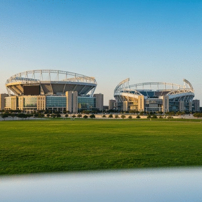 Panoramic view of AT&T Stadium and Globe Life Field in Arlington, Texas, under a clear sky