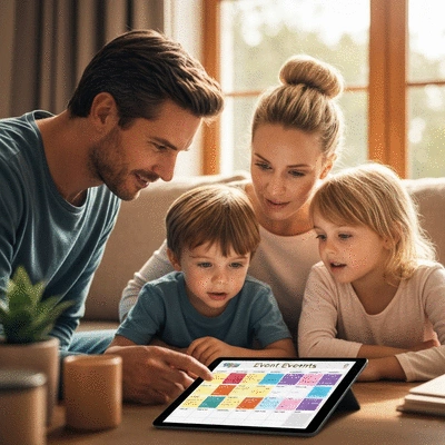Family looking at an event calendar on a tablet, planning their year in Arlington