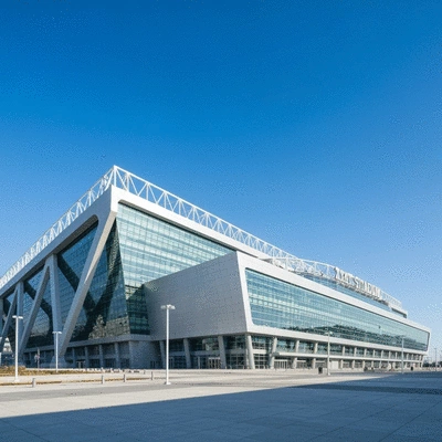 Modern exterior of AT&T Stadium with blue sky