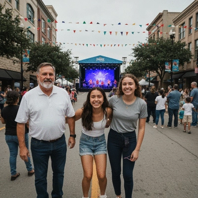 Happy family enjoying a community event in Arlington, Texas, with kids playing and parents smiling