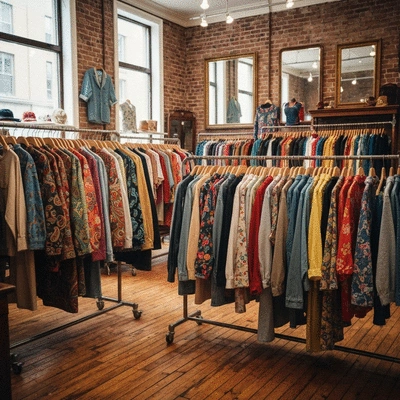 Interior of a vibrant vintage clothing store with racks of colorful apparel