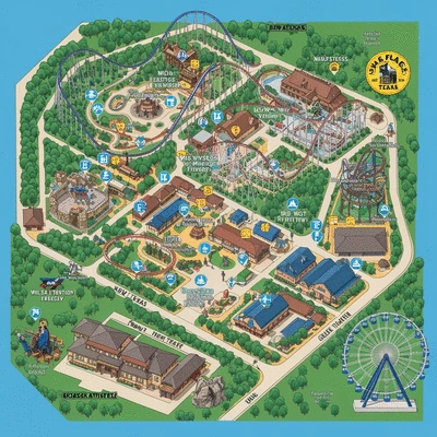 Detailed map of Six Flags Over Texas showing different themed areas and key attractions