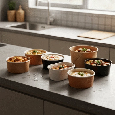Assortment of takeout food containers on a modern kitchen counter, ready for delivery or pickup, no text, no words, no typography, no labels, clean image