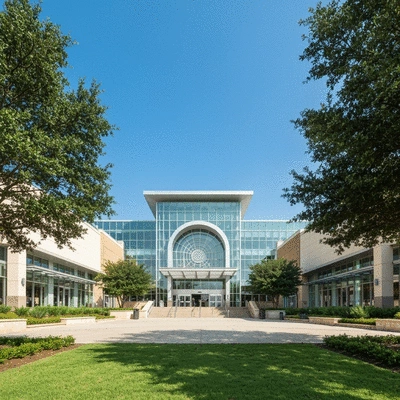 Modern shopping mall exterior in Arlington, Texas with clear skies and lush landscaping