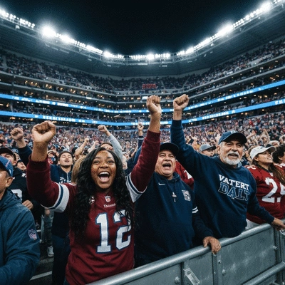 Large crowd of enthusiastic fans watching a football game in AT&T Stadium