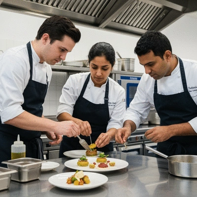 Chef presenting a beautifully plated dish, showcasing culinary heritage and innovation, professional kitchen background, clean image