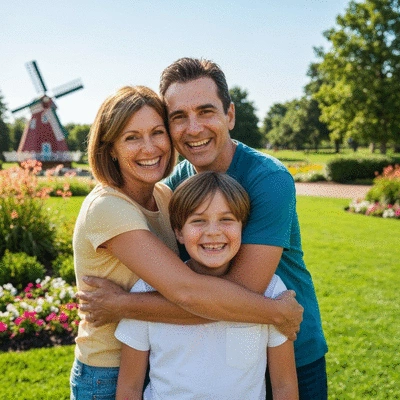 Happy family enjoying a sunny day at an amusement park with roller coasters in the background