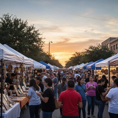 Diverse group of people enjoying an outdoor festival in Arlington, Texas, with blurred vibrant lights and activity in the background