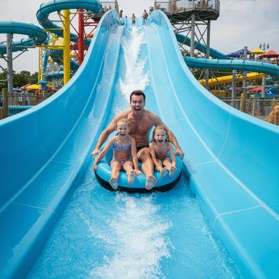 Family enjoying a water slide at Hurricane Harbor Arlington