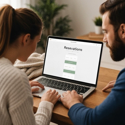 Couple making online reservations on a laptop for a date night