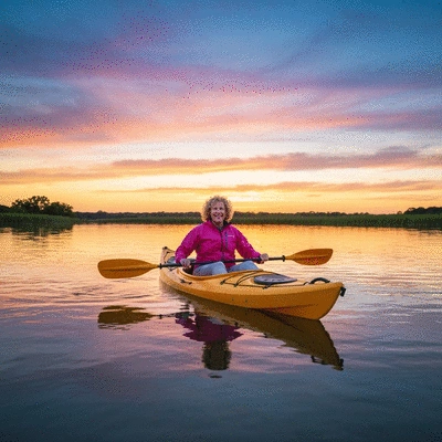 Person kayaking on Lake Arlington at sunset