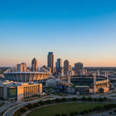 Arlington city skyline with AT&T Stadium and Globe Life Field at sunset