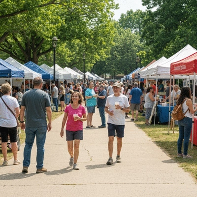 People enjoying a vibrant community festival in an Arlington park, with diverse food stalls and live music