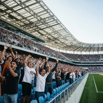 Excited fans cheering in a large sports stadium